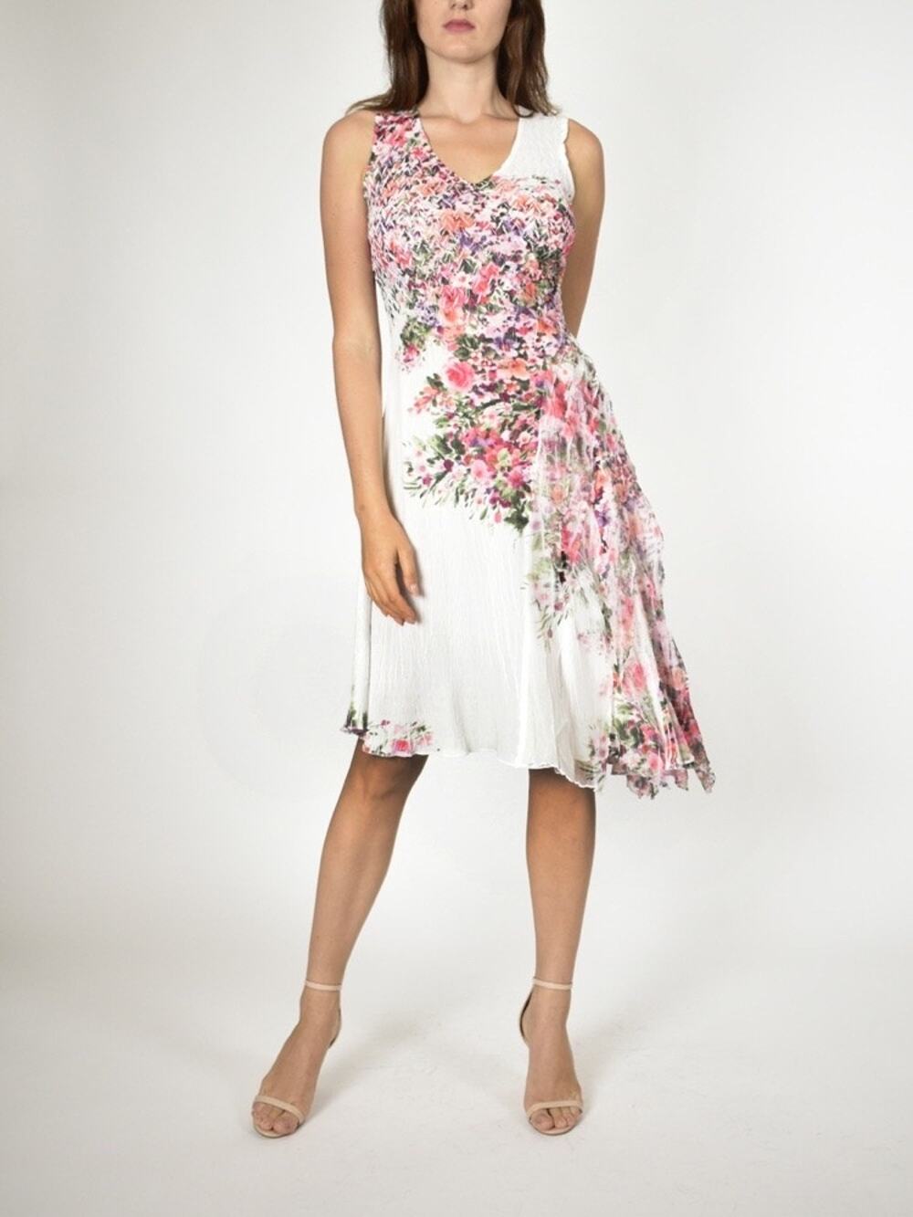 Komarov Floral Print Sleeveless V-Neck Asymmetrical Knee Length Cocktail Dress M